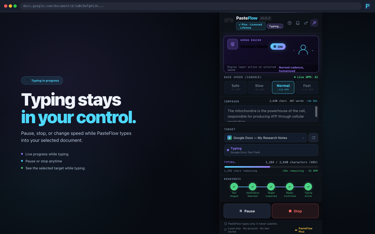 PasteFlow Composer showing a typing run in progress with live progress, pause and stop controls, and a five-step readiness checklist all confirmed.